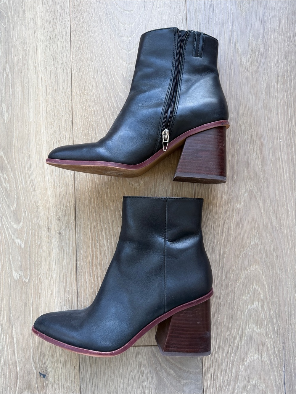 Dolce Vita Black Leather Ankle Boots with Brown Stacked Heel and Burgundy Trim